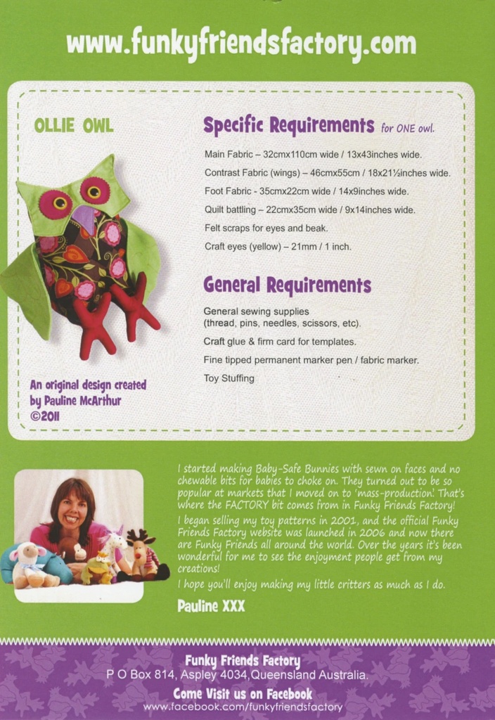 Paper Pattern -  Ollie the Laid Back Owl by Funky Friends Factory