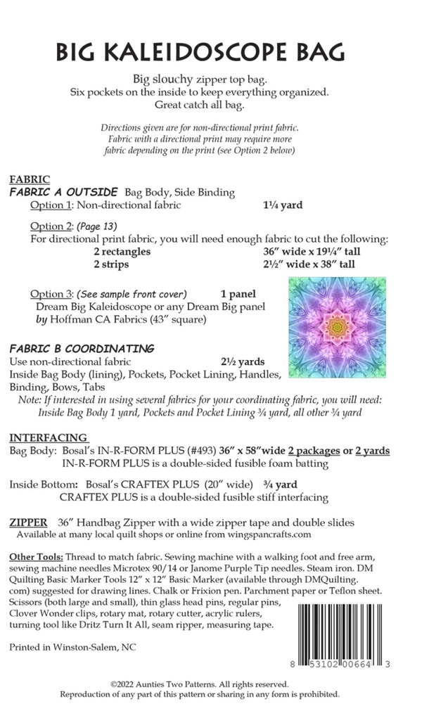 Paper Pattern - Big Kaleidoscope Bag by Aunties Two Patterns