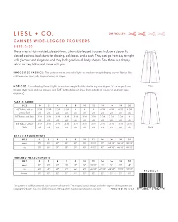 Paper Pattern - Cannes Wide Legged Trouser by Liesl & Co.