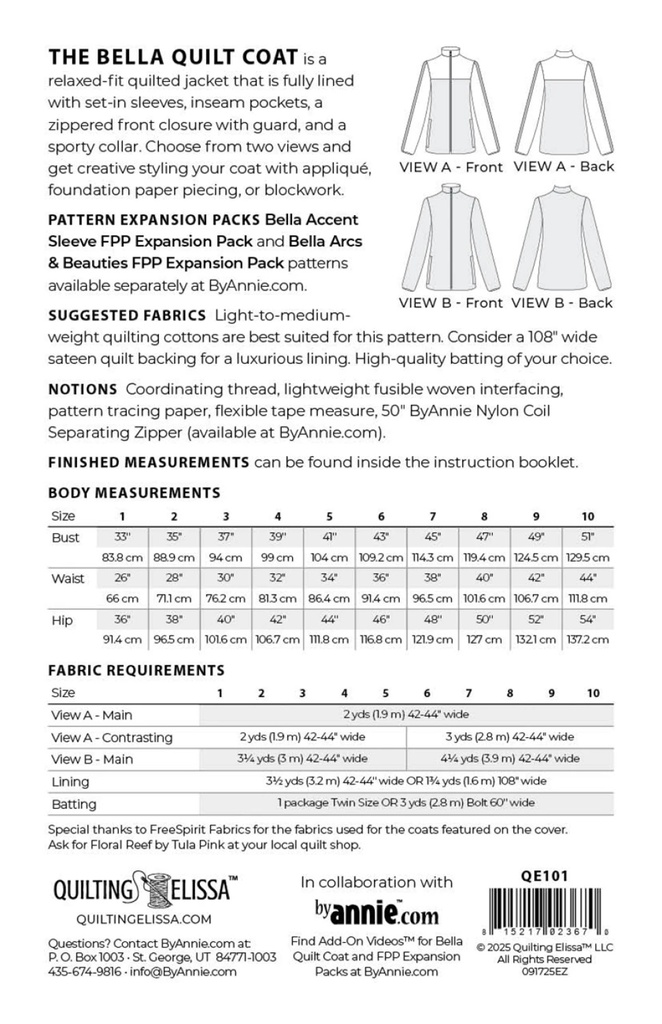 Paper Pattern - Bella Quilt Coat by Quilting Elissa