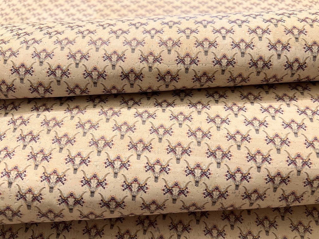 Cork Fabric - Small Longhorn Skulls