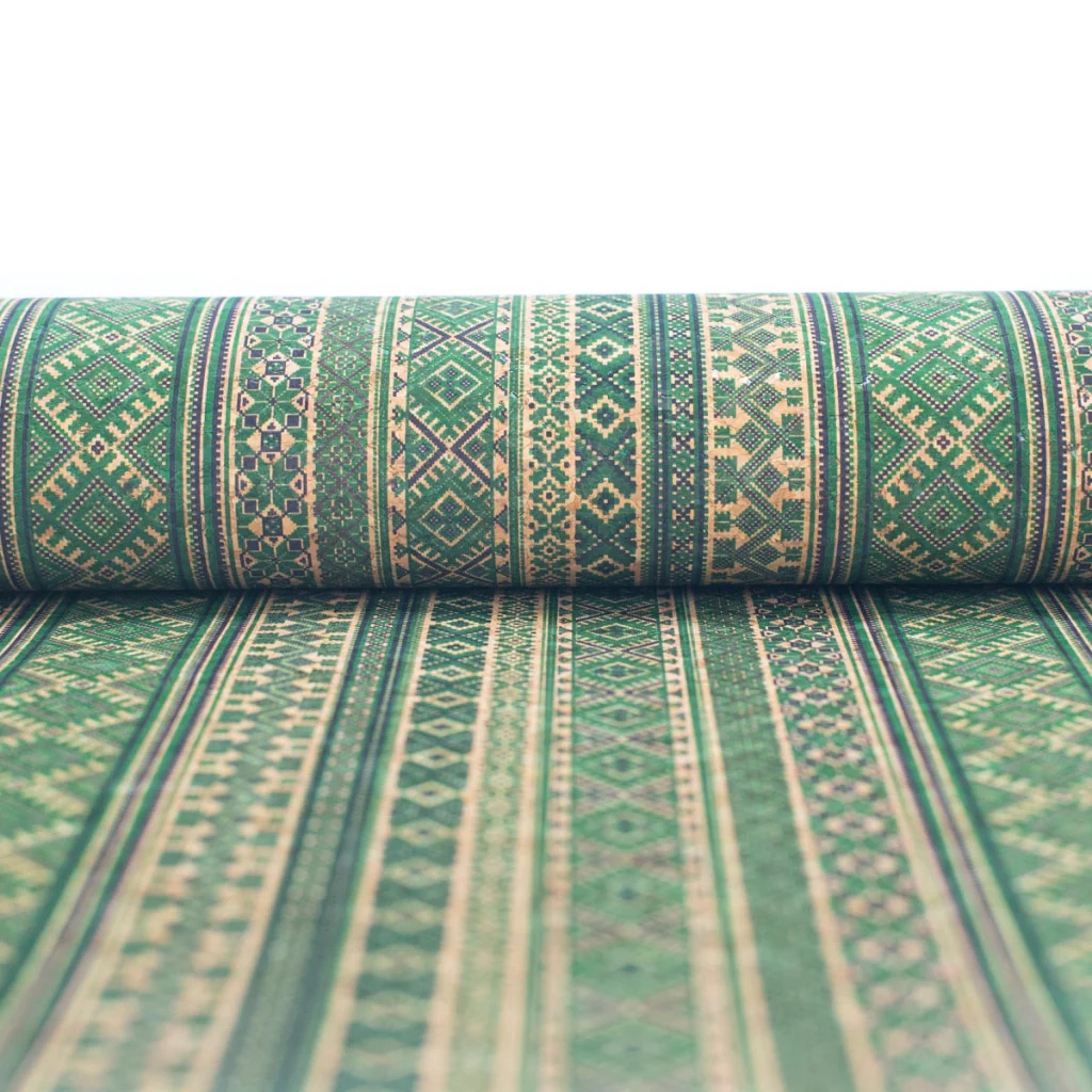 Cork Fabric - Green Geo w/ Ethnic Motifs