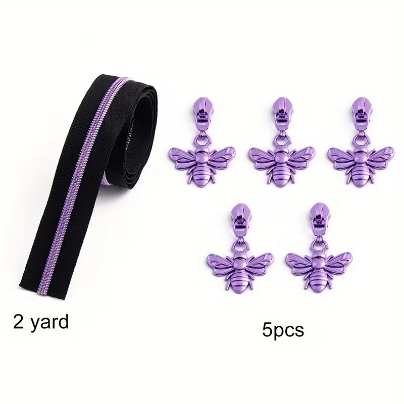 Size 5 Black Zipper Tape Colored Teeth - 2 Yards, 5 Bee Pulls