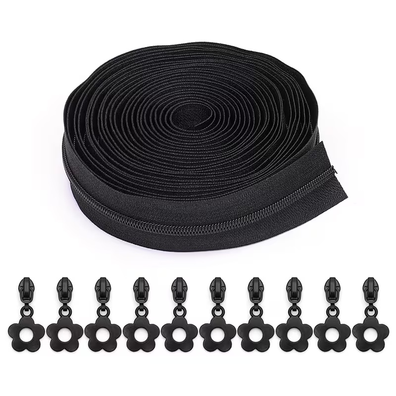 Size 3 Solid Color Zipper Tape - 2.5 Yards, 5 Flower Pulls