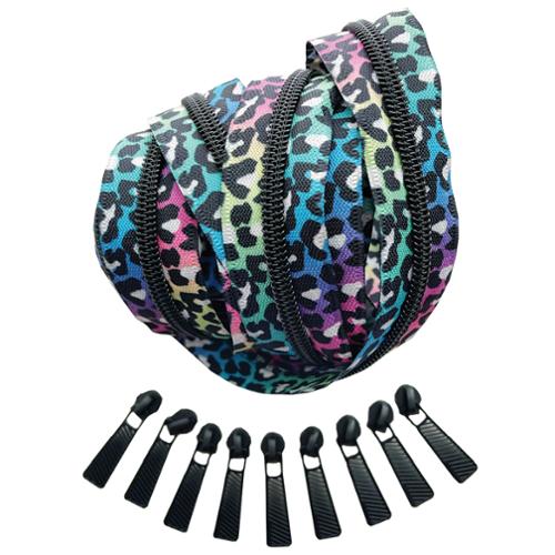 Size 5 Rainbow Leopard Zipper Tape - 3 Yards, 9 Pulls