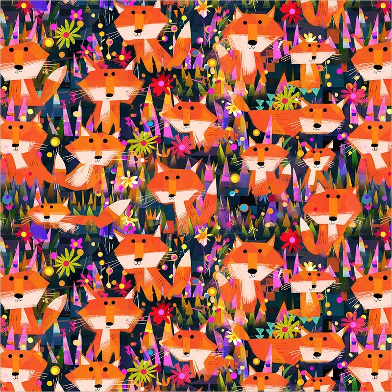 Animal Kingdom by Gareth Lucas - Foxes and Flowers in Midnight Blue