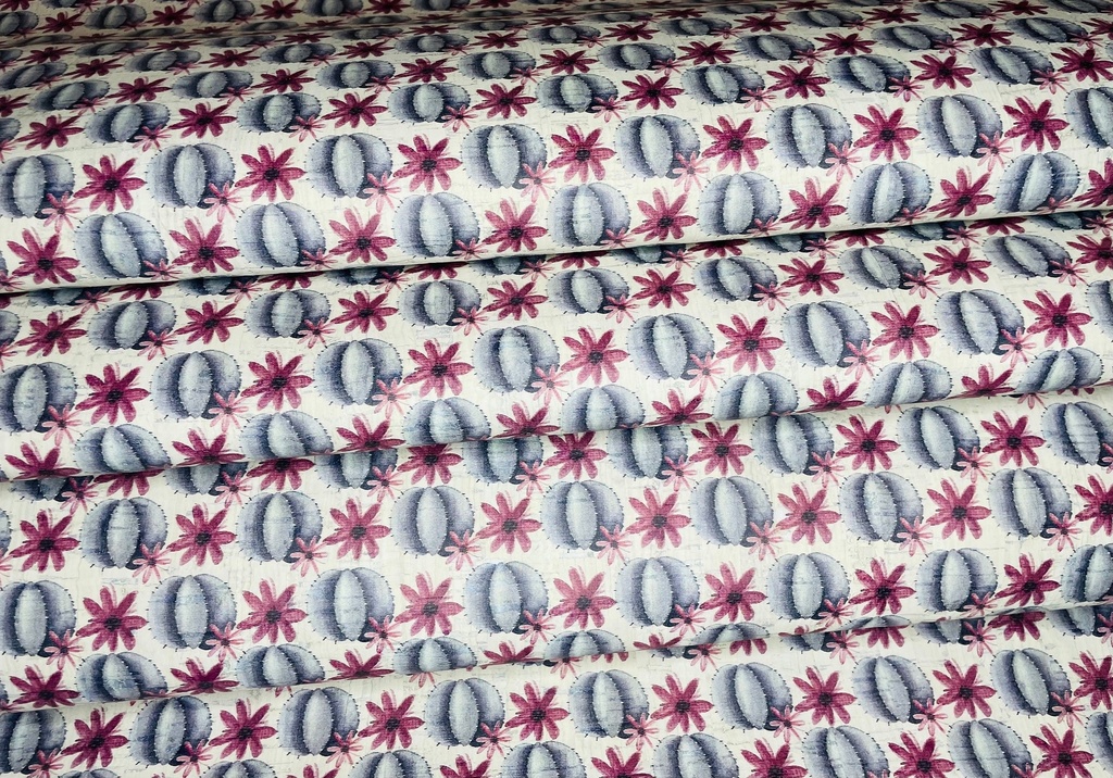 Cork Fabric - Cactus Flower on White - Large