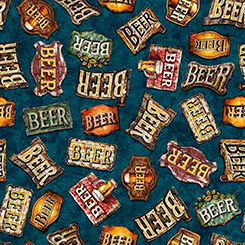 [30920Q] Brewmaster by QT Fabrics - Beer Signs Toss in Teal