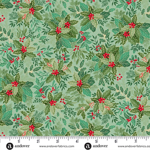 [MU-107-G5] Good Tidings by Makower UK - Holly Bush in Mid Green