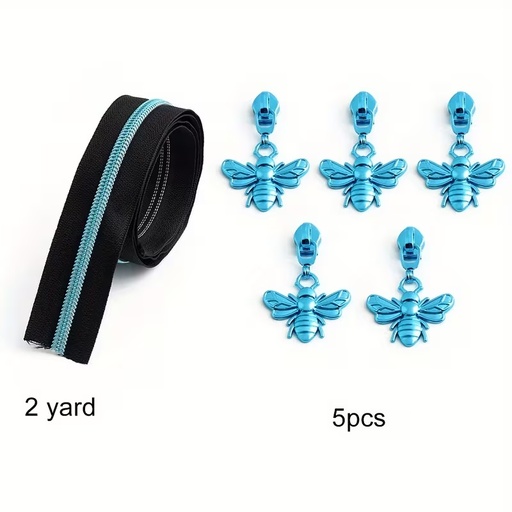 Size 5 Black Zipper Tape Colored Teeth - 2 Yards, 5 Bee Pulls