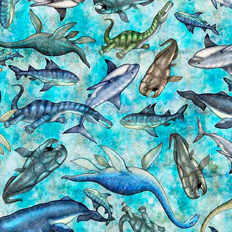 [31736-Q] Savage Kingdom by QT Fabrics - Underwater Dinos in Turquoise