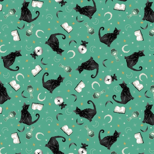 [4860-70] Witchy Wicked by Rose Halsey - Black Cats, Crystal Balls, and Potion Books in Turquoise