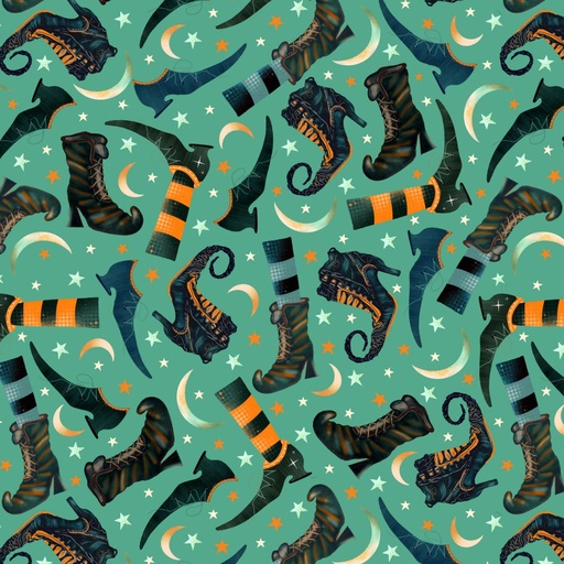 [4863-70] Witchy Wicked by Rose Halsey - Witch Boots and Moons in Turquoise