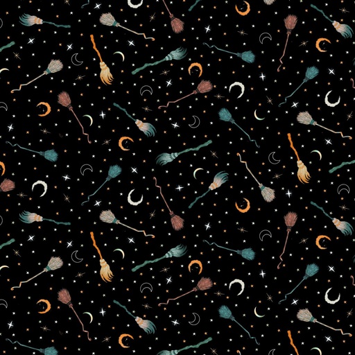 [4867-99] Witchy Wicked by Rose Halsey - Broomsticks, Stars and Moons in Black