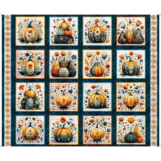 [31984-Q] Harvest Hollow by Morris Creative Group - Decorative Pumpkin Picture Panel in Teal 36"