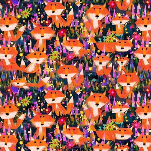 [55456D-2] Animal Kingdom by Gareth Lucas - Foxes and Flowers in Midnight Blue