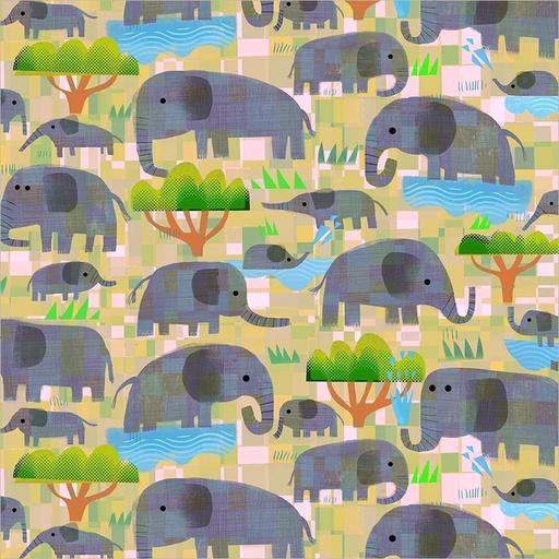 [55459D-5] Animal Kingdom by Gareth Lucas - Mama Elephant, Baby Elephant in Yellow Savanna