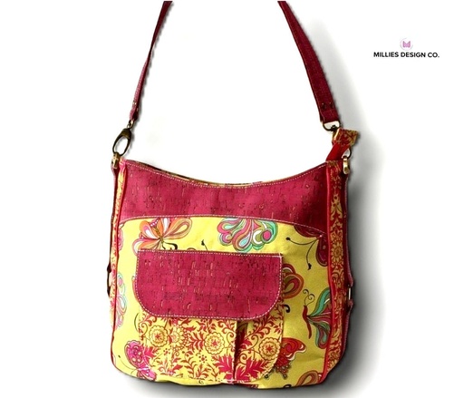 [ET-601994686] Cork Hobo Bag - Hot Pink Cork with Coordinating Designer Cotton Fabric
